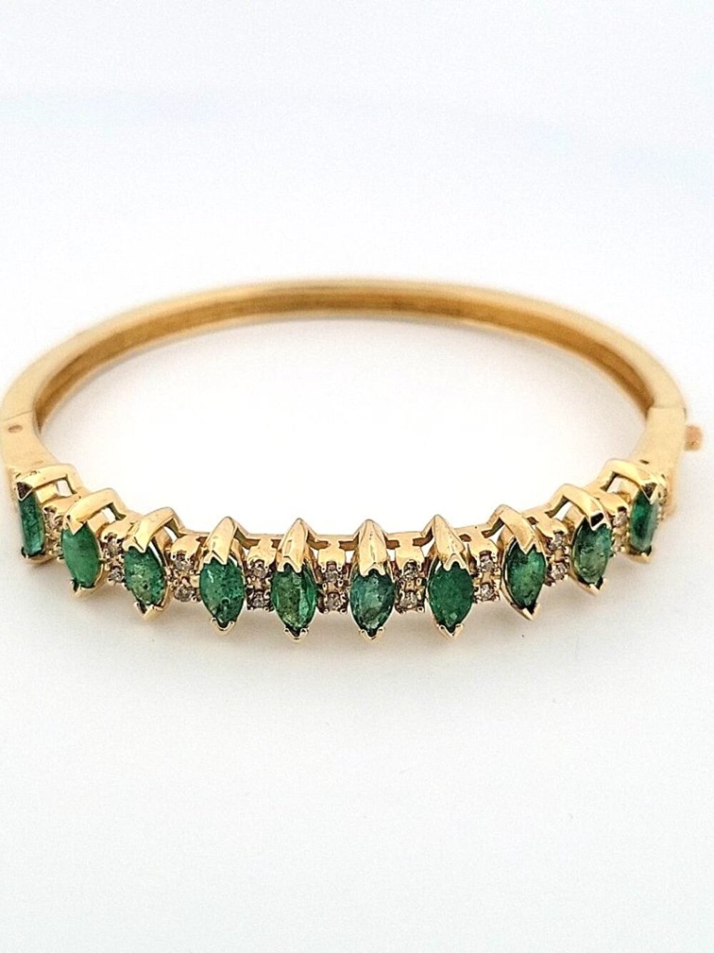 14K Yellow Gold Emerald & Diamond Bangle Bracelet, Marquise Emeralds, 7.5" Oval